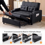 VINGLI Convertible Loveseat Sleeper, Black Faux Leather Futon Sofa Bed Pullout Couch Bed with USB Ports, Cup Holders, Armrest for Living Room, Bedroom, Home Office Apartment VINGLI