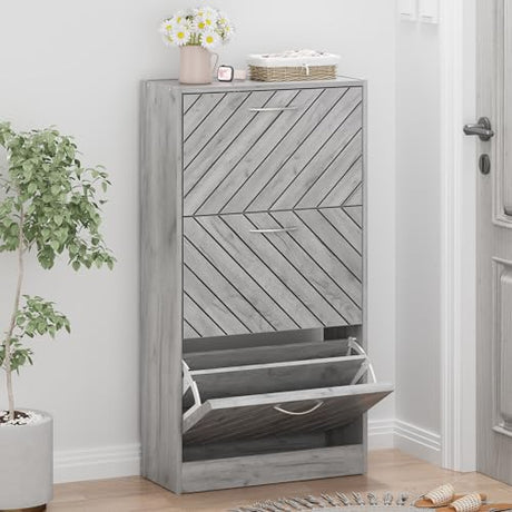 FUNISIR Shoe Storage Cabinet with 3 Flip Drawers, Slim Shoe Cabinet for Entryway, Hidden Shoe Organizer, Wooden Narrow Shoe Rack Cabinet with Removable Shelf, Grey FUNISIR