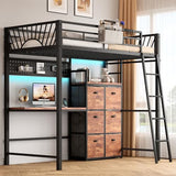 Decofy Twin Metal Loft Bed with Desk, 6 Storage Cabinet, LED Light Bunk Bed Frame Twin Size with Charging Station, No Box Spring Needed, Extra Wide Stair Treads&Safety Ladder, Hanging Rod&Guardrail Decofy
