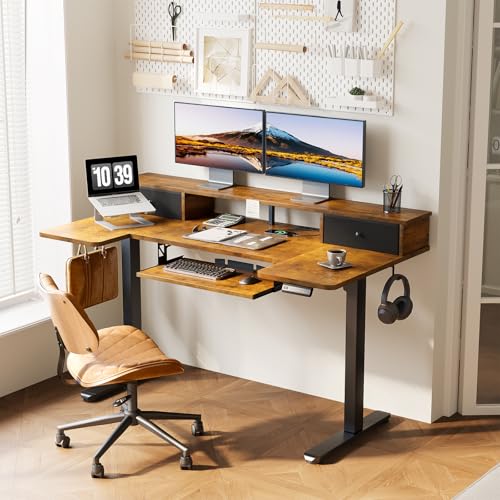 OffiGo U Shaped Electric Standing Desk with Drawers, 55 Inch Height Adjustable Desk with Keyboard Tray ＆ Ergonomic Monitor Stand, Sit Stand Table with Power Outlets for Home, Office, Rustic Brown OffiGo