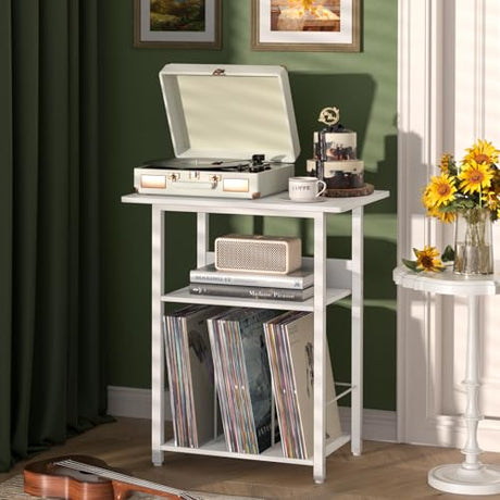 LELELINKY Narrow White Record Player Stand, 23.62 inch Wide Record Storage Table with Storage Up to 100 Albums, 3 Tier Vintage Brown Turnatble, Rustic End Table for Living Room, Bedroom LELELINKY