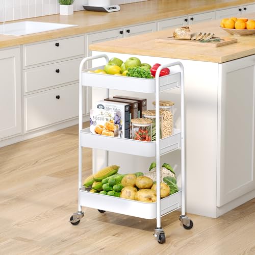 TOOLF 3-Tier Rolling Cart, Metal Utility Cart with Lockable Wheels, Storage Craft Art Cart Trolley Organizer Serving Cart Easy Assembly for Office, Bathroom, Kitchen, Kids' Room, Classroom (W - WoodArtSupply