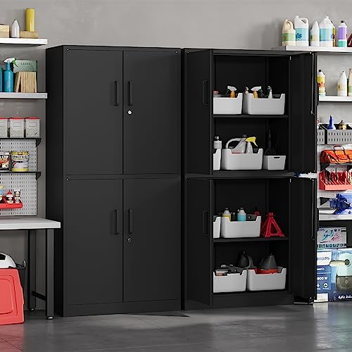 Yizosh Metal Storage Locking Cabinet with 4 Doors and 2 Adjustable Shelves,71" Lockable Garage Tall Steel Cabinet,for Home Office,Living Room,Pantry,Gym,Commercial Storage (Black) Yizosh