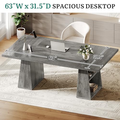 YITAHOME 63" Executive Desk, Large Office Desk Computer Desk with Double Pedestal and Storage Shelves, Wood Simple Workstations Writing Table Conference Table Business Furniture for Home Office, Grey YITAHOME