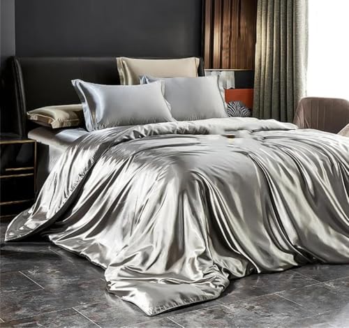 Solid Silk Bedding Set with Duvet Cover Bed Sheet Pillowcases Satin Single Double Bedsheet King Queen Size Generic