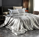 Solid Silk Bedding Set with Duvet Cover Bed Sheet Pillowcases Satin Single Double Bedsheet King Queen Size Generic