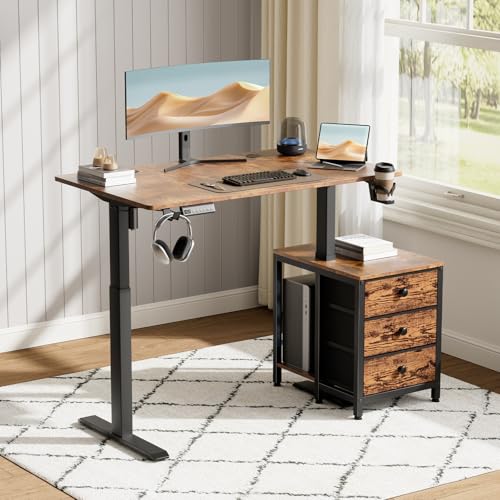 REAHOME Electric Standing Desk with Drawers, 47 x 24 Inches Height Adjustable Sit Stand Desk with Storage, 3 Memory Preset Home Office Computer Desk, Printer Cabinet, Cable Management, Rustic Brown REAHOME