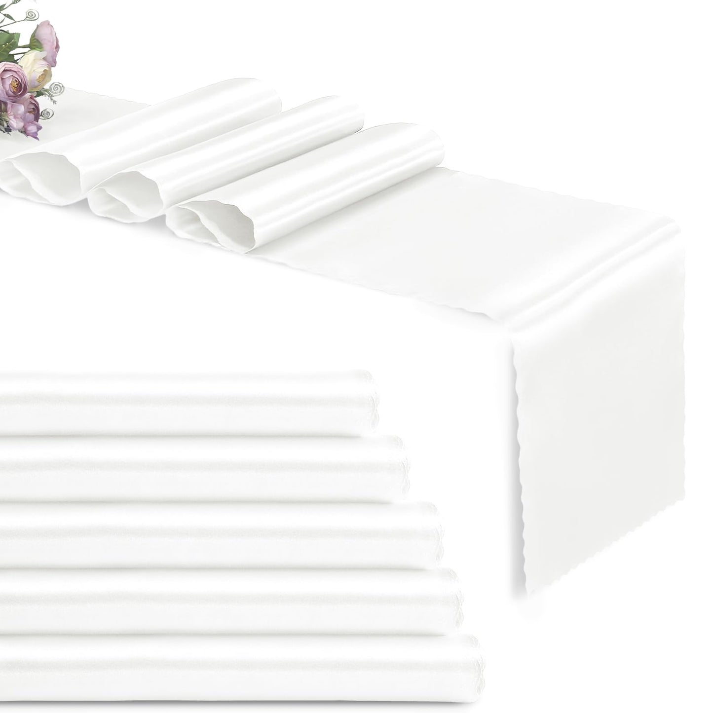 Eychei Set of 5 White Satin Table Runners, 12" x 108" Long Bright & Smooth Table Runner with Scalloped Edges, Satin Table Cloth Table Runner Decor for Wedding, Party, Banquet