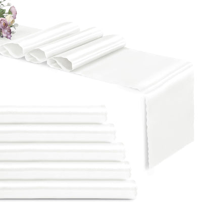 Eychei Set of 5 White Satin Table Runners, 12" x 108" Long Bright & Smooth Table Runner with Scalloped Edges, Satin Table Cloth Table Runner Decor for Wedding, Party, Banquet