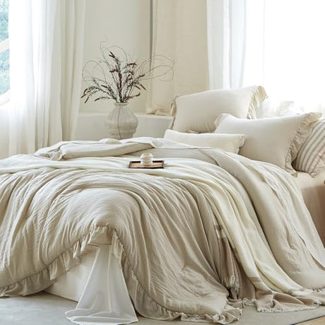softpage Beige Ruffle Comforter Set King, Pre-Washed Shabby Chic Bedding Set, Lightweight Cottagecore Soft Romantic Cozy 1 Comforter & 2 Shams, All-Season softpage