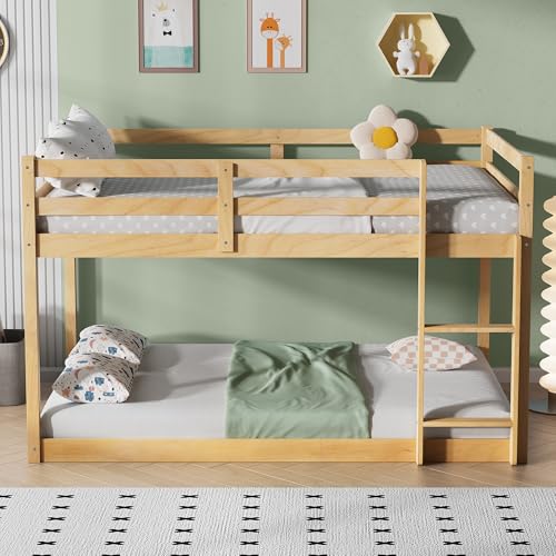 PVWIIK Full Over Full Wood Bunk Bed Frame with Ladder & Safety Guard Rails for Kids,Boy,Girl Bedroom,Space Saving Design & No Box Spring Needed,Easy to Assemble, Natural PVWIIK