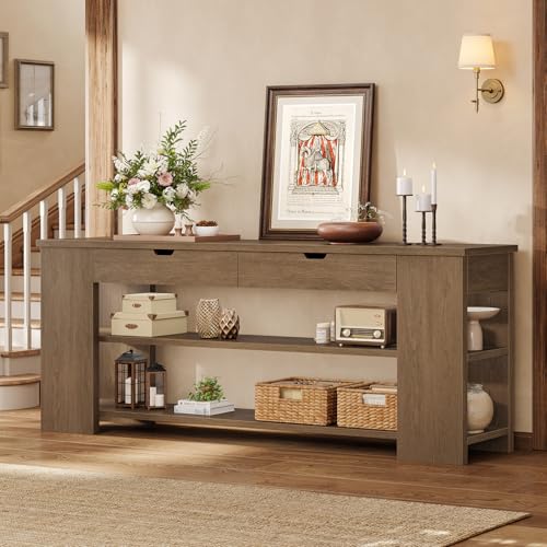 ANGRYWIN 71.8 Inch Extra Long Console Table with Drawers, Farmhouse Long Console Table with Shelves & Built-in Outlets, Entryway Table with Storage for Living Room, Entryway, Hallway, Brown ANGRYWIN