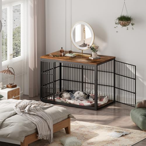 Lyromix 54" Dog Crate Furniture with Foldable Door, XXL Dog Crates for Large Dogs, Wooden Decorative Dog Cage Kennel Indoor End Table, Rustic Brown Lyromix