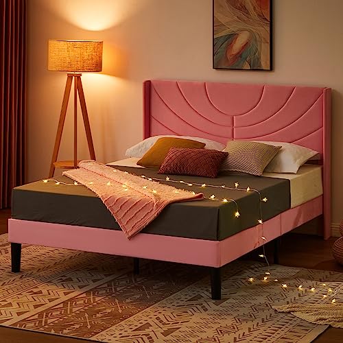 VECELO Queen Size Upholstered Platform Bed Frame with Fabric Headboard,Wooden Slats Support/No Box Spring Needed/Mattress Foundation/Easy Assembly,Pink