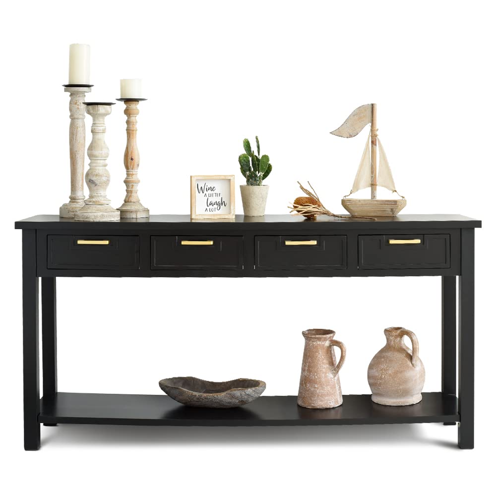 HLXZN Console Table for Entryway, 60 Inch Sofa Table w/4 Drawers and Bottom Shelf Narrow Long Hallway Table for Living Room Entryway Home, Black HLXZN