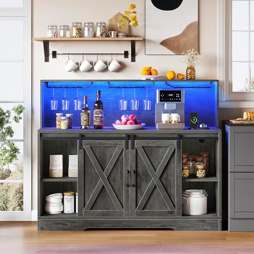 YITAHOME Farmhouse Coffee Bar Cabinet w/Power Outlets LED Lights 55" Sideboard Buffet Cabinet w/Sliding Barn Door Wine and Glass Rack Home Liquor Bar Cabinet with Storage Shelves for Kitchen, - WoodArtSupply