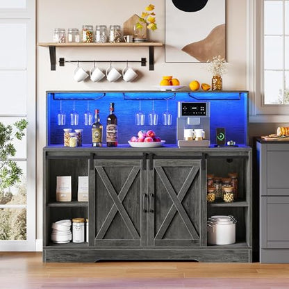 YITAHOME Farmhouse Coffee Bar Cabinet w/Power Outlets LED Lights 55" Sideboard Buffet Cabinet w/Sliding Barn Door Wine and Glass Rack Home Liquor Bar Cabinet with Storage Shelves for Kitchen, - WoodArtSupply