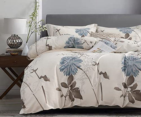 SLEEPBELLA Duvet Cover Queen Size, 600 Thread Count Cotton Botanical Flowers Pattern Printed Reversible Comforter Cover SLEEPBELLA