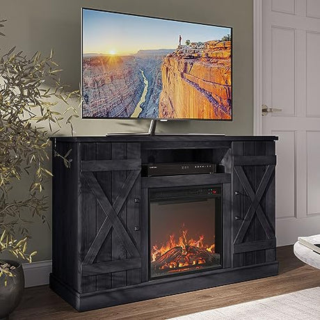BELLEZE 47" TV Stand with 18" Electric Fireplace Heater & Media Entertainment Center Console Table for TV up to 50" with Open Storage Shelves & Cabinets - Veropeso (Rustic Grey) BELLEZE