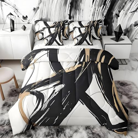 Feelyou Black Gold Abstract Art Line 7 Piece Bedding Set Twin Size Modern Geometric Print Comforter Set with Sheets for Kids Boys Girls Bedroom Decor Minimalist Ink Line Bed in a Bag Soft Bed Set Feelyou