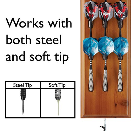 Viper Dart Caddy Solid Wood Wall Mounted Dart Holder / Stand, Displays 4 Sets of Steel or Soft Tip Darts, for all Sisal & Electronic Dartboards, Surrounds & Cabinets, Cinnamon Finish Viper