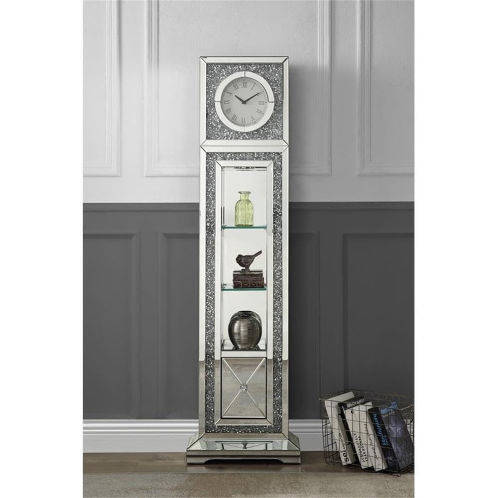 Acme Noralie Grandfather Clock in Mirrored & Faux Diamonds Acme