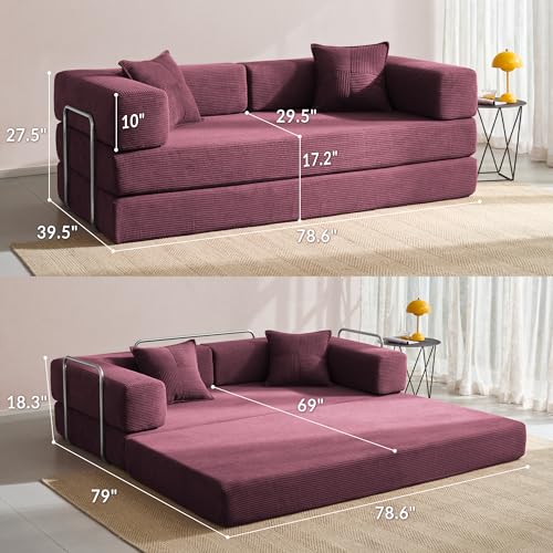 YINIX Foldable Sofa Bed, 78'' Folding Floor Couch, Compressed Convertable Sleeper Sofa, Memory Foam Couch with Pillow Back Support Armrest, 4-in-1 Futon Sofa Bed for Living Room, Wine Red YINIX