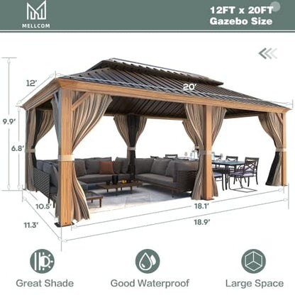 MELLCOM 12' X 20' Hardtop Gazebo, Wooden Finish Coated Aluminum Frame Gazebo with Galvanized Steel Double Roof, Brown Metal Gazebo with Curtains and - WoodArtSupply