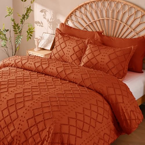 Manyshofu 5Pcs Boho Full Duvet Cover Set - Tufted Burnt Orange Duvet Cover Pattern, Shabby Chic Boho Bedding Set Textured Comforter Covers with Embroidery Pillow Shams Manyshofu