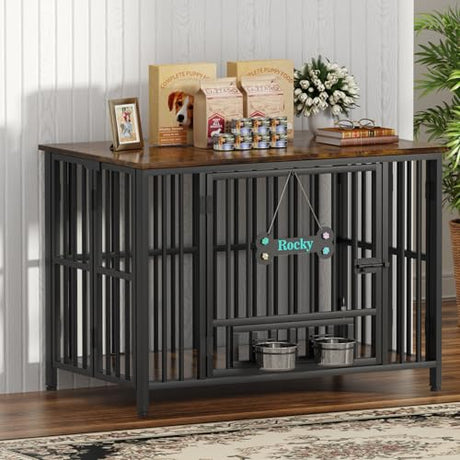 Easycom Dog Crate Furniture Foldable, No Assembly Decorative Dog Kennel Indoor, Dog Crates for Large Dogs(35-60 lb), Wooden Dog Cage with Adjustable Bowls and Name Tag, End Table, Rustic Brown EasyCom