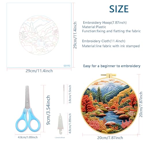 Zhenqing Lake Autumn Forest Embroidery Kit for Beginners, Pre-Printed 29x29cm Circular Cotton Fabric with 20cm Hoop, Fall Lakeside Landscape Design (C0193)