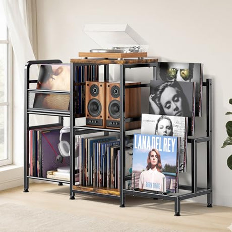 POKIPO Large Record Player Stand, Vinyl Record Storage Holds up to 400+ Albums, 3 Tier Turntable Stand with Display Shelf, 3-in-1 Multifunctional Record Player Cabinet Media Console Table for Stereo POKIPO