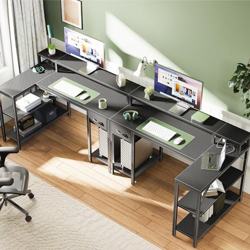 SUPERJARE 47 inch Reversible L Shaped Desk with LED Lights & Power Outlets, Computer Desk with Shelves & Monitor Stand, Gaming Desk with Drawer, Home Office Desk Corner Desk, Carbon Fiber Black SUPERJARE