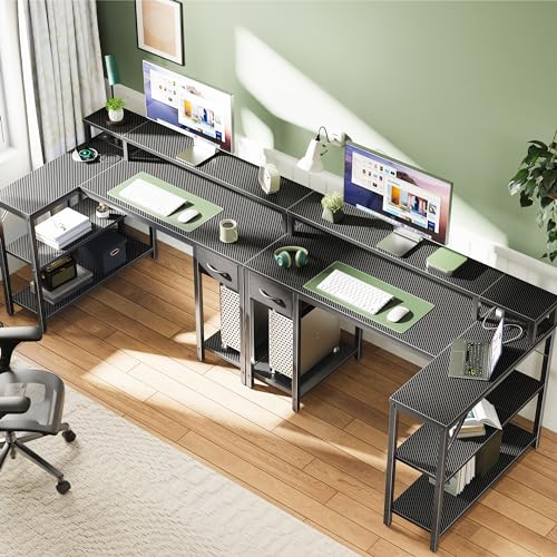 SUPERJARE 47 inch Reversible L Shaped Desk with LED Lights & Power Outlets, Computer Desk with Shelves & Monitor Stand, Gaming Desk with Drawer, Home Office Desk Corner Desk, Carbon Fiber Bla - WoodArtSupply