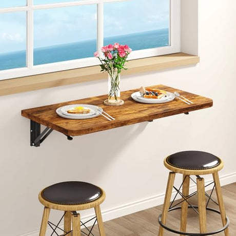 IBUYKE Wall Mounted Folding Table, Floating Wall Desk for Small Spaces, Fold Down Laundry Shelf with Heavy-Duty Brackets, Wall Table for Home Office/Bar/Kitchen/Dining, Rustic Brown UTVT005H IBUYKE