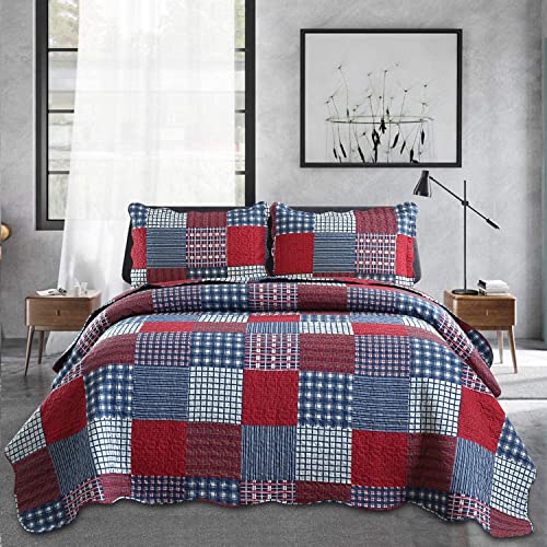 Jessy Home Plaid Quilt Set Twin Bedspread Coverlet Set Red Blue White Patchwork Twin Size Quilt Set Bedding Soft Lightweight Quilts Coverlet Country Reversible Quilt Bed Spread with 2 Pillow Shams Jessy Home