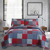 Jessy Home Plaid Quilt Set Twin Bedspread Coverlet Set Red Blue White Patchwork Twin Size Quilt Set Bedding Soft Lightweight Quilts Coverlet Country Reversible Quilt Bed Spread with 2 Pillow Shams Jessy Home