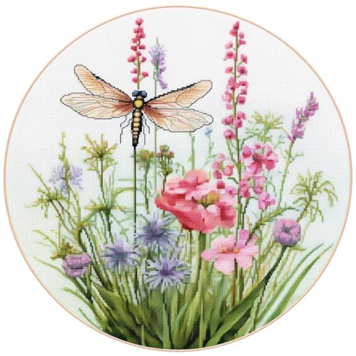 Dragonfly and Wild Flowers Stamped Cross Stitch Kits for Beginners Easy 11CT Needlepoint DIY Embroidery Counted Cross Stitch Kits Art Craft Wall Decoration and Gift 40x40cm(1)