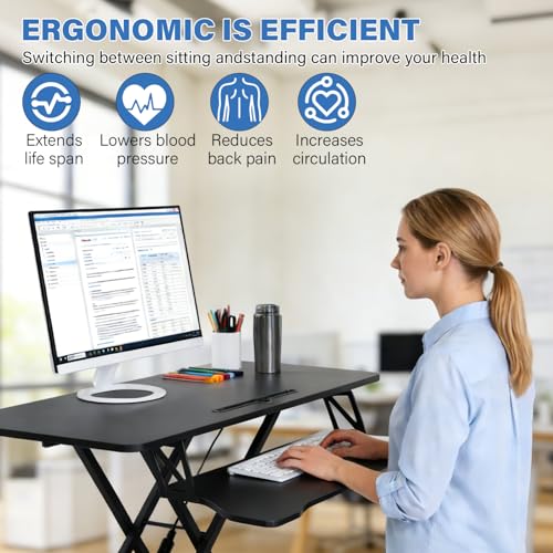 37 Inch Standing Desk Converter - Manual Pneumatic Spring, Two Monitor Stable Standing Desk Converter, 5.9" to 18.8" Height Adjustable Laptop Workstation with Keyboard Tray for Home, Company(Black) Generic