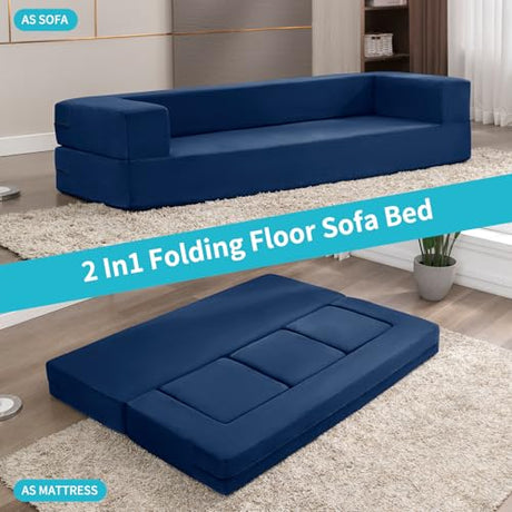CECER 80" Convertible Floor Sofa Bed，Folding Sofa Bed with 3 Ottomans，Velvet Modular Sectional Futon Sleeper，Foldable Memory Foam Couch for Living Room/Guest Room/Playroom（Blue） CECER