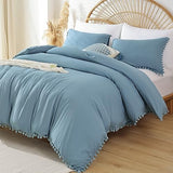 YIRDDEO Queen Comforter Set - Comforter Queen Size Sets with Ball Pom Fringe, Soft Bedding Set for All Seasons - 3 Pieces, 1 Comforter (90"x90") & 2 Pillow Shams (20"x26"), Dusty Blue YIRDDEO
