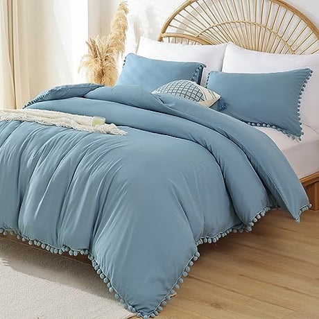 YIRDDEO Queen Comforter Set - Comforter Queen Size Sets with Ball Pom Fringe, Soft Bedding Set for All Seasons - 3 Pieces, 1 Comforter (90"x90") & 2 Pillow Shams (20"x26"), Dusty Blue YIRDDEO