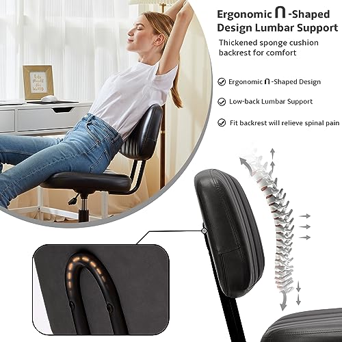 NEWBULIG Armless Small Office Desk Chair with Low Back Lumbar Support, PU Leather Computer Vanity Chair with 360° Swivel Rolling Wheels, Height Adjustable Task Chair for Small Space, Black NEWBULIG