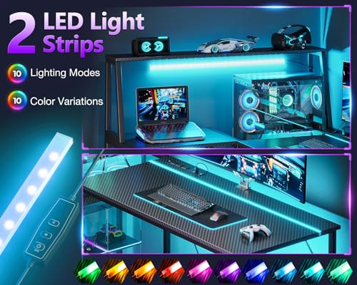 MOTPK 45 Inch L Shaped Gaming Desk with Power Outlet & LED Lights, Computer Table with Corner Desktop Showcase for CPU Stand, Display Storage Shelf, Carbon Fiber Surface, Black MOTPK