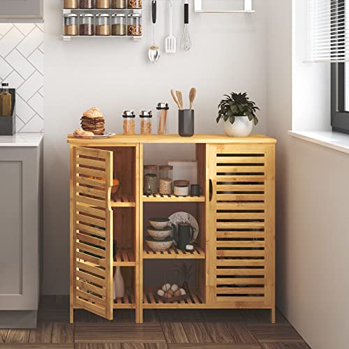 SogesHome Bamboo Bathroom Storage Cabinet, Freestanding Floor Cabinet with 4-Tier Shelf for Kitchen, Midi Cabinets with 2-Doors for Living Room, Bathroom - WoodArtSupply