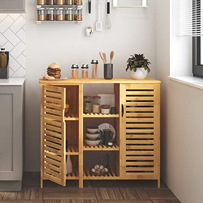 SogesHome Bamboo Bathroom Storage Cabinet, Freestanding Floor Cabinet with 4-Tier Shelf for Kitchen, Midi Cabinets with 2-Doors for Living Room, Bathroom - WoodArtSupply