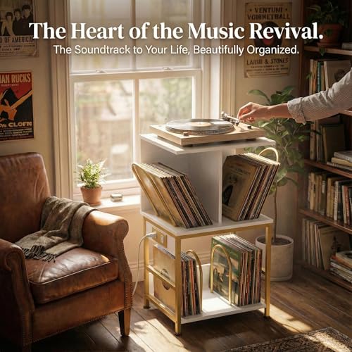 ZEXVIDA Record Player Stand with Vinyl Storage, Large Record Table Holds 180 Albums, Vinyl Record Storage Stand with USB Charger, Multi-Functional Side Table & Shelf for Living Room Bedroom ZEXVIDA