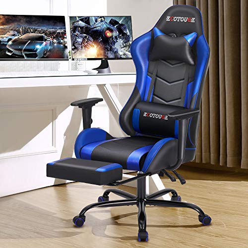 ECOTOUGE PC Massage Gaming Chair with Footrest Ergonomic Office Desk Chair Racing PU Leather Recliner Swivel Rocker with Headrest and Lumbar Pillow, Blue ECOTOUGE