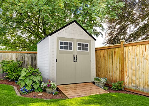 Rubbermaid Resin Outdoor Storage Shed With Floor (7 x 7 Ft), Weather Resistant, Beige/Brown, Organization for Home/Backyard/Garden Tools/Lawn Mower/Bike Storage/Pool Supplies - WoodArtSupply