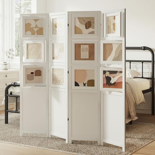 4 Panel Photo Room Divider Freestanding Folding Privacy Screen and Decorative with 16 Frames for Home Office (White) Svimi